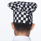 Back view of black-and-white checkered chef hat