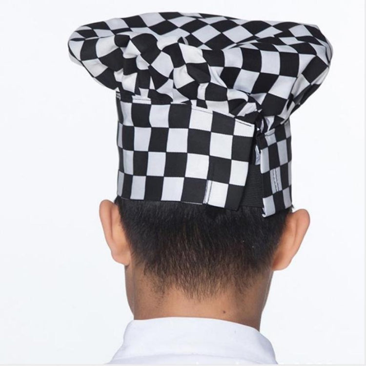 Back view of black-and-white checkered chef hat