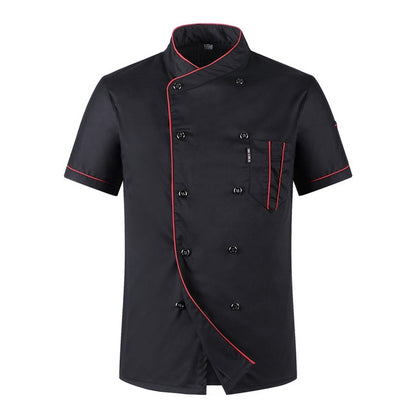 Black short-sleeve chef jacket with red piping, double-breasted buttons, chest pocket