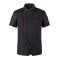 Black chef jacket, short sleeves, red trim piping, double-breasted button front and pocket