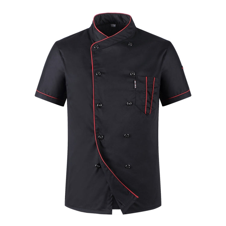 Black chef jacket, short sleeves, red trim piping, double-breasted button front and pocket