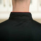 Back view of black chef jacket collar with red piping and high neckline