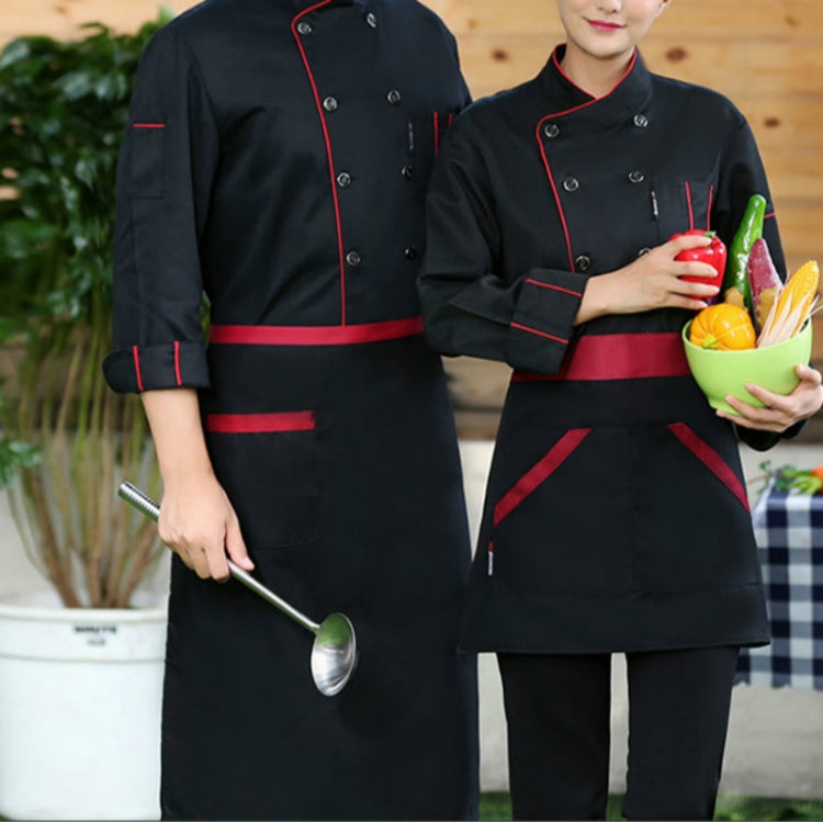 Black chef coat with red piping and buttons; short sleeves worn by staff in uniform