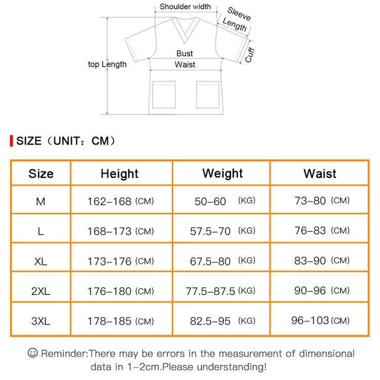 Workwear size chart diagram with measurement guides and unit table