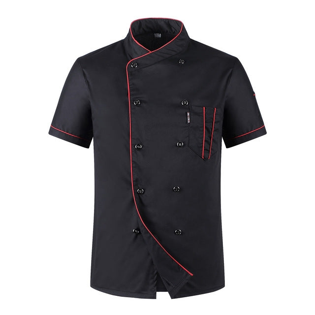 Black short-sleeve chef jacket with red trim, double-breasted buttons, front chest pocket