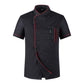 Black chef jacket with red piping along seams, double-breasted button front and chest pocket