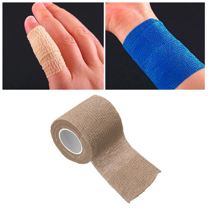 Self-adhesive elastic bandage on hands, beige and blue rolls