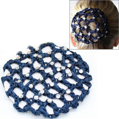 Navy knitted bun cover snood with round rhinestone accents