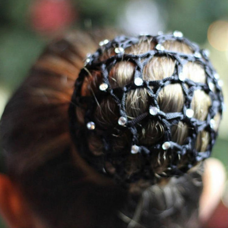 Navy bun cover snood with sparkling bead accents on dark hair