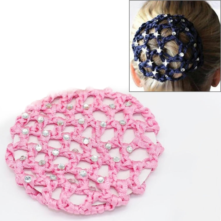 Pink knitted bun cover snood with round rhinestone accents