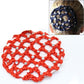 Red knitted bun cover snood with round rhinestone accents