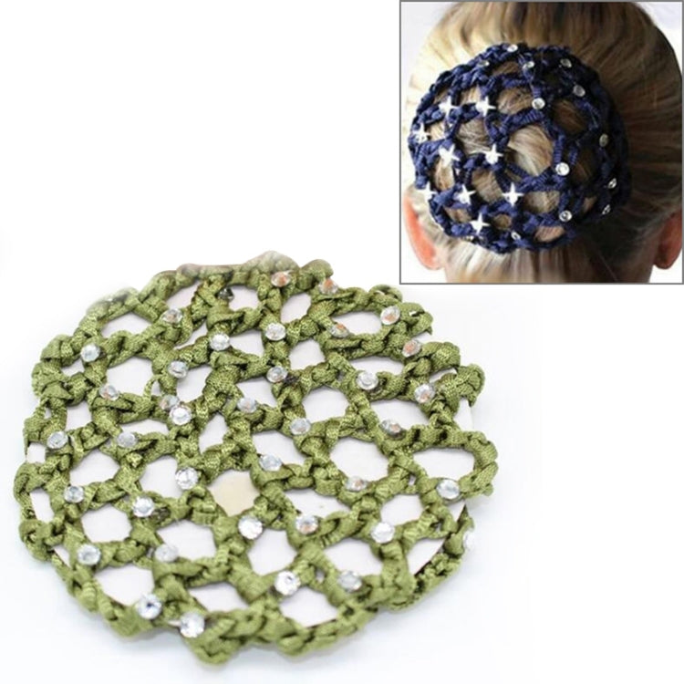 Green knitted bun cover snood with round rhinestone accents