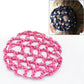 Pink mesh bun cover snood with silver-tone bead and rhinestone accents