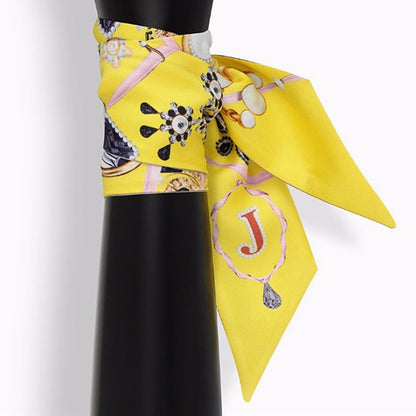 Small letter tarot scarf, yellow with purple and black art print, letter J