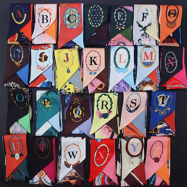 Set of small letter tarot scarves with multicolor designs and letters A–Z