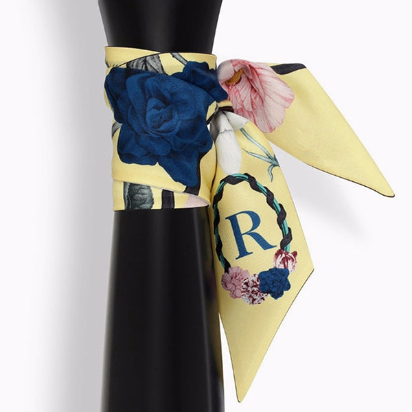Tarot letter small scarf with blue rose detail and letter R on yellow print, neck wrap