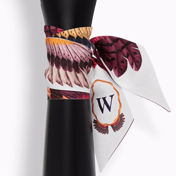 Tarot letter small scarf with feather pattern and letter W on white and maroon print