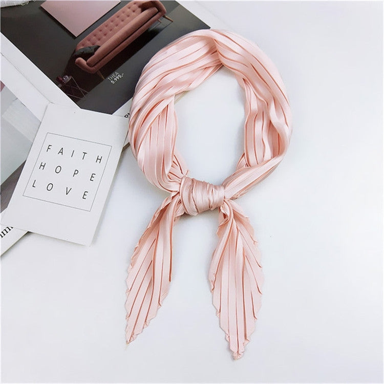 Pink pleated square silk scarf, tied loop with long ends and vertical pinstripe texture