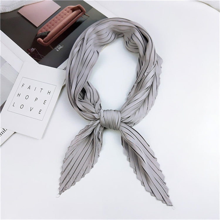 Silk square scarf, light gray pleated stripes with tied knot at center