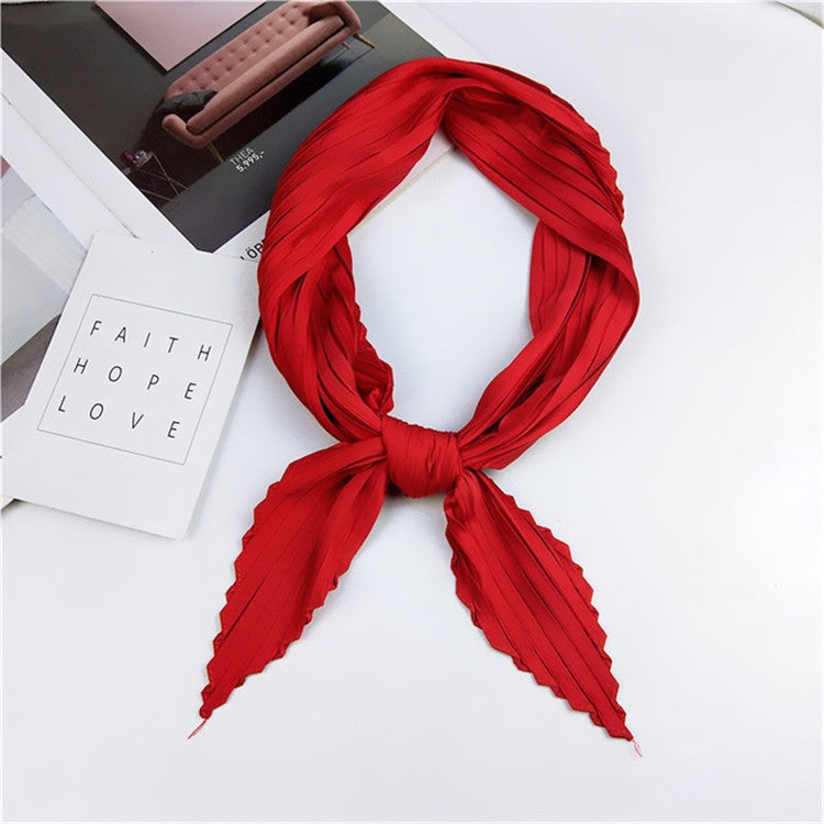 Silk square scarf, bright red pleated stripes with tied knot at center