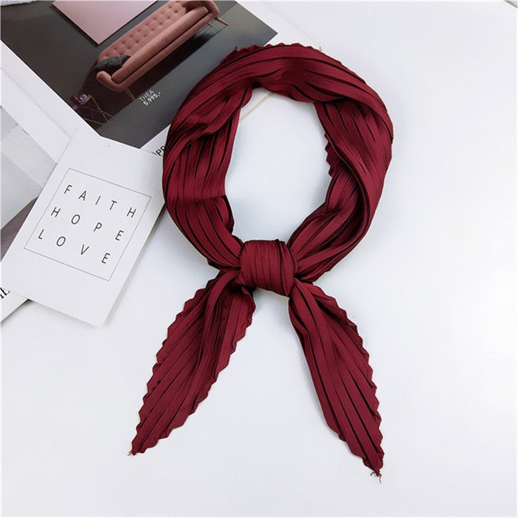 Silk square scarf, deep wine red pleated stripes with tied knot at center