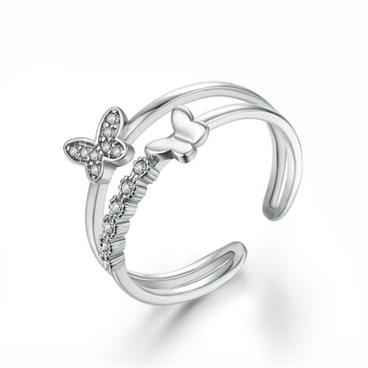 Platinum butterfly diamond opening ring, curved double-banded design with sparkling stones