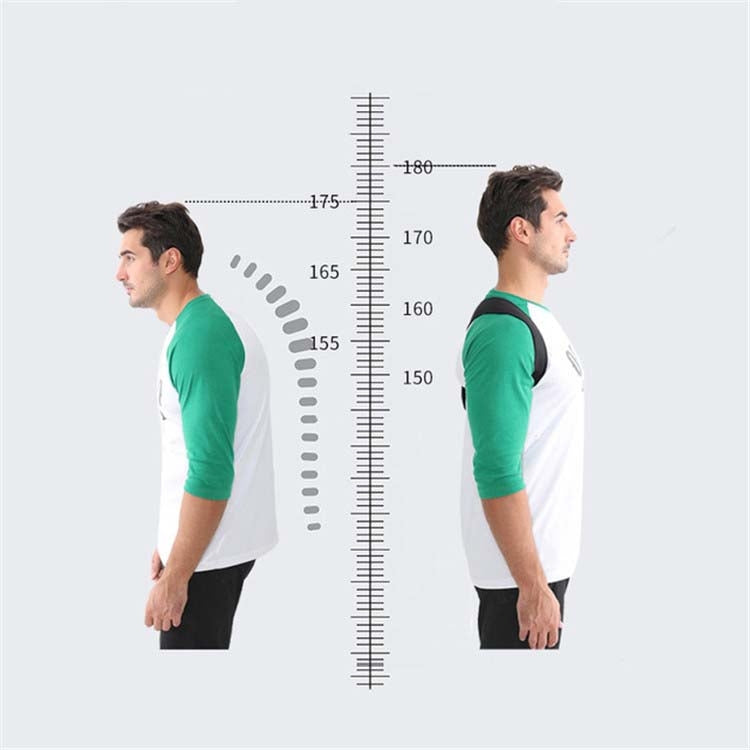 Side view of black posture brace worn on a man’s back over a shirt