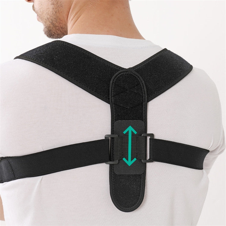 Close-up of black back support pad and adjustable straps with hook-and-loop
