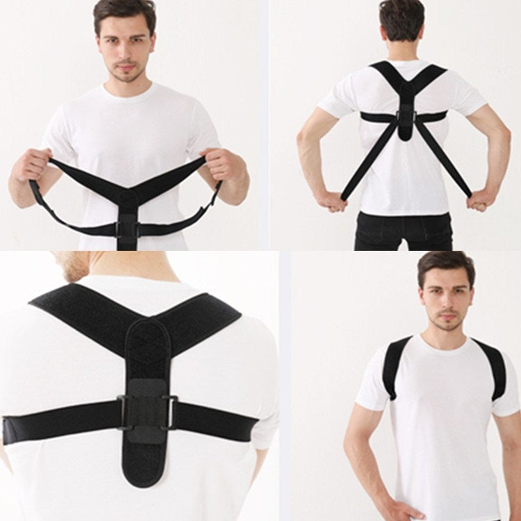 Black posture brace shown from multiple angles with central pad and buckles