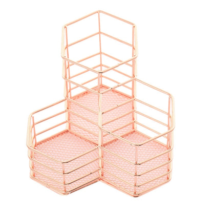 Rose gold hexagonal wire pen cup holder with stacked compartments for stationery storage
