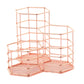 Rose gold hexagonal wire desk organizer with open multi-compartment shelves and mesh bottoms