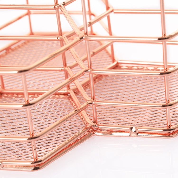 Rose gold hexagonal wire mesh shelves with corner frame and interlocking ring detail