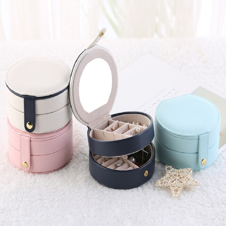 Set of two-tier jewelry storage boxes in pink, navy, and light blue colors