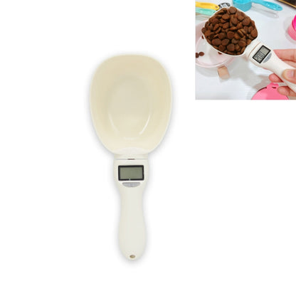 Electronic pet food measuring spoon with LCD screen, cream color