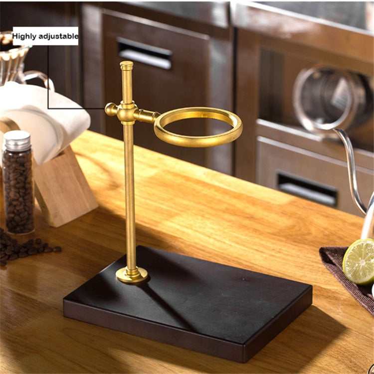 Adjustable hand coffee filter holder with brass stand and dark spade wood base
