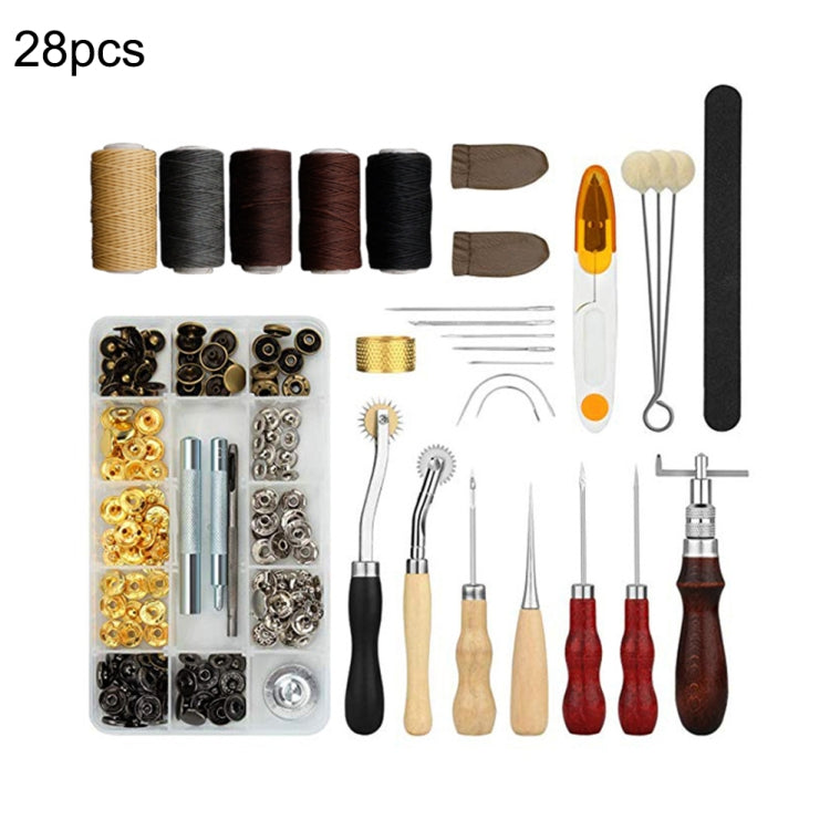 28-piece DIY sewing and leather craft tool set with thread spools, needles, and tools
