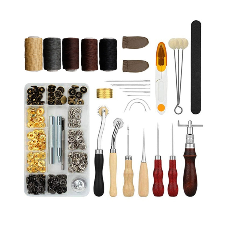 DIY sewing and leather craft tool kit with assorted thread spools and hand tools