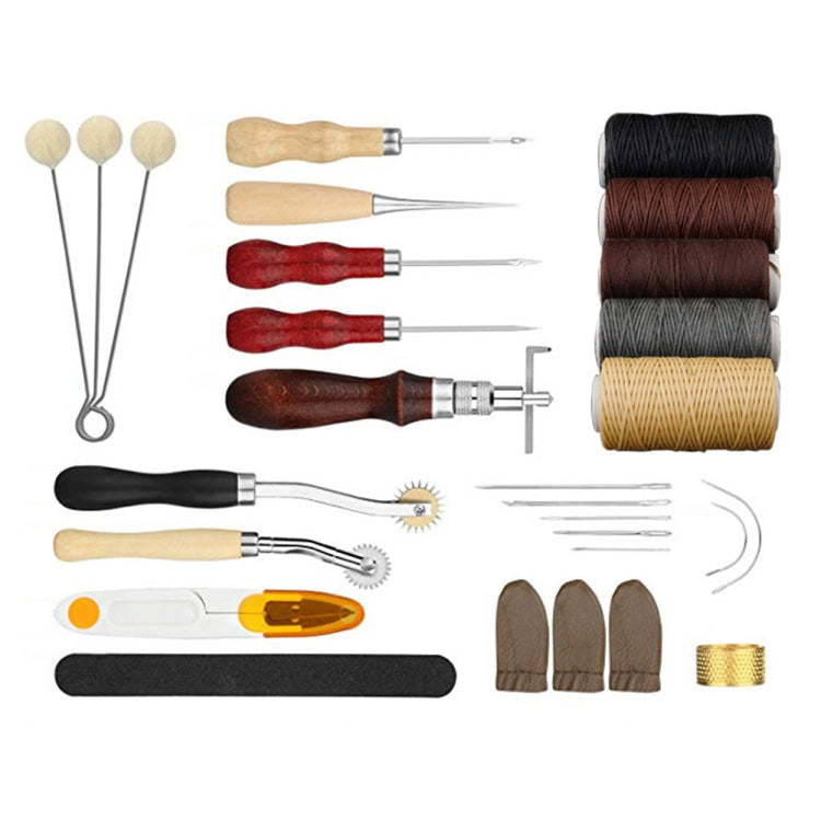 Leather craft tool kit with hand needles, awls, thread pieces, and curved tools