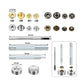 Metal sewing accessory assortment with thread needles, eyelets, and measurement tools