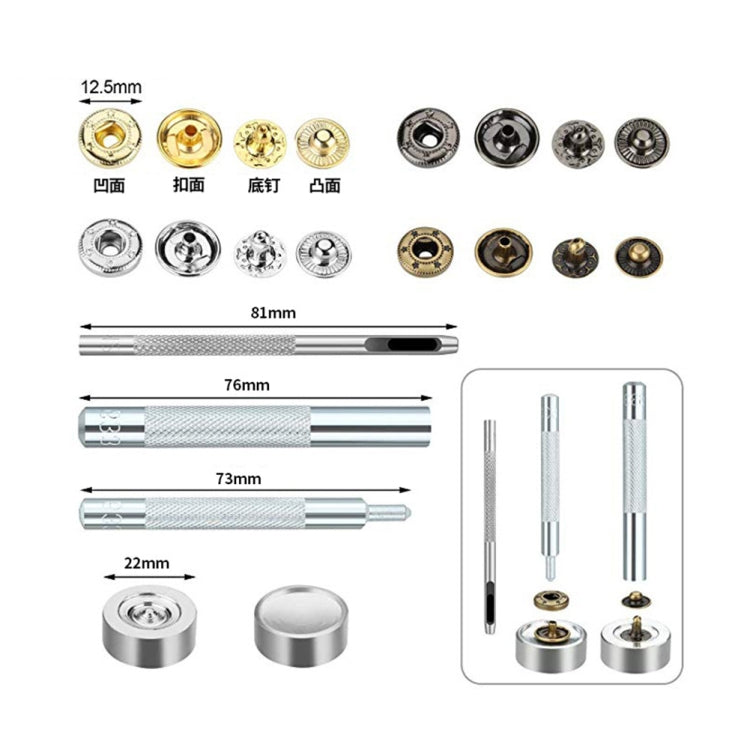 Metal sewing accessory assortment with thread needles, eyelets, and measurement tools