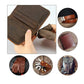 Brown leather sewing kit with stitched wallet cover and small tools shown in circles