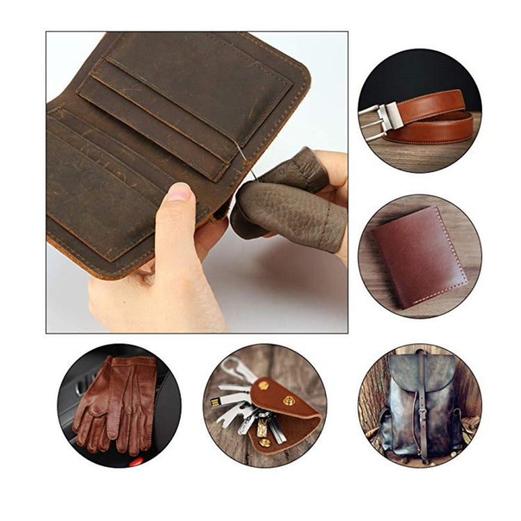 Brown leather sewing kit with stitched wallet cover and small tools shown in circles
