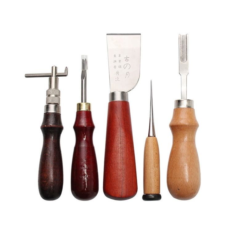 Leather sewing tools with wooden handles, metal blades, and needle tips