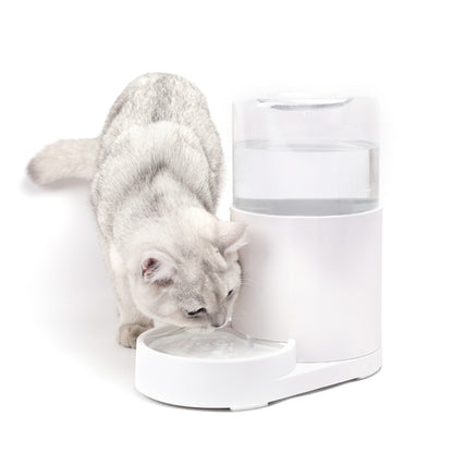 White automatic pet water fountain with gray cat drinking from the bowl