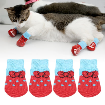 Set of 4 non-slip pet socks with red paw print and light blue cuffs