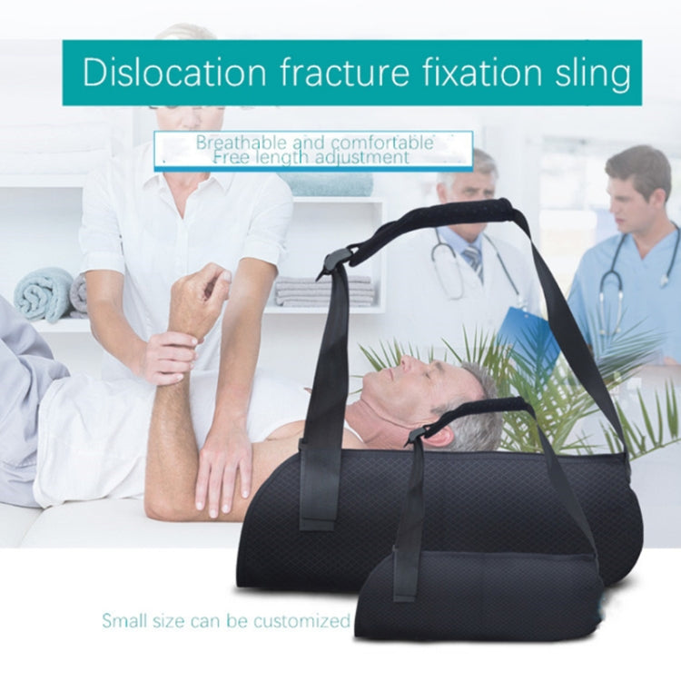 Black forearm fixation sling bag with neck and shoulder straps, adjustable fit