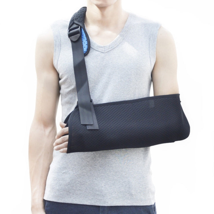 Black forearm support sling across the chest with adjustable shoulder strap