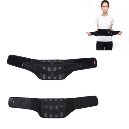 Black lumbar support waist belt with breathable panels and reinforced center brace