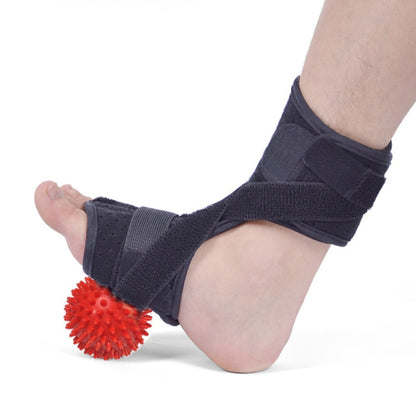 Black plantar fasciitis foot brace with adjustable strap and front massage ball