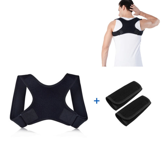 Adjustable black back correction vest strap with arm openings and two adjustable bands